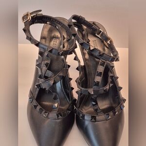 NEW SHEIN Black Studded Heels, Ankle Straps , 3.5 Inch Heell Red Bottom